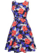 Casual Colorful Round Neck Belt Floral Printed Skater Dress