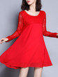 Casual Hollow Out Plain Round Neck Patchwork Chiffon Shift Dress