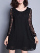 Casual Hollow Out Plain Round Neck Patchwork Chiffon Shift Dress