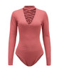 Casual Band Collar Lace-Up Hollow Out Plain Bodysuit