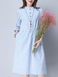 Casual Band Collar Pocket Vertical Striped Shift Dress