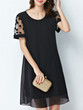 Casual Round Neck Hollow Out Plain Chiffon Shift Dress