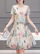 Casual Round Neck Belt Cartoon Printed Skater Dress