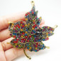 Vintage Multi-color Rhinestone Crystal Maple Leaf Woman Brooch Pin Gold Tone