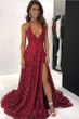 Gorgeous Lace Appliques Spaghetti Straps V Neck With Split Prom Dress P656