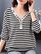 V Neck Loose Fitting Stripes Knit Pullover