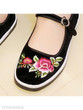 SOCOFY Embroidery Floral Flat Cotton Ankle Strap Round Toe Casual Flat & Loafers
