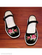 SOCOFY Embroidery Floral Flat Cotton Ankle Strap Round Toe Casual Flat & Loafers