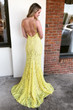 Spaghetti Straps Yellow V Neck Backless Prom Dress with Split Side D204
