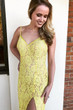 Spaghetti Straps Yellow V Neck Backless Prom Dress with Split Side D204