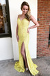 Spaghetti Straps Yellow V Neck Backless Prom Dress with Split Side D204