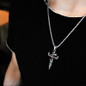 Steel Winged Crystal Heart Cross with Snake Accent Pendant Necklace