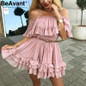 Off shoulder strap chiffon summer dresses Women ruffle pleated short dress pink Elegant holiday loose beach mini dress