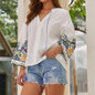 Three Quarter Sleeve V-Neck Embroidery Tassels White Blouse