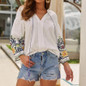 Three Quarter Sleeve V-Neck Embroidery Tassels White Blouse