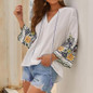 Three Quarter Sleeve V-Neck Embroidery Tassels White Blouse
