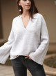 Women V Neck Solid Color Knit Loose Sweater
