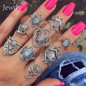 20 Styles Women Bohemian Vintage Crown Wave Flower Heart Lotus Star Leaf Crystal Opal Joint Ring Party Jewelry Silver Rings Set