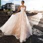 2021 New Illusion O Neck Off Shoulder Button A-Line Wedding Dresses Appliqued Beading Crystal Floor Length Bridal Gowns