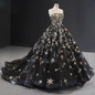 sexy evening dress long strapless ball gown lace up black evening dresses with gold star abiye gece elbisesi