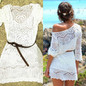 Summer Sexy Lace Crochet Beach Dress Women White See Through Swimwear Swimsuit Cover Up Mini Dress