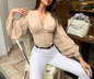 Lantern Sleeve V Neck Crop Tops Elegant Shirts Black Blouses