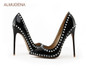 Silver Rivets Pumps Stiletto Black Patent Leather Heels