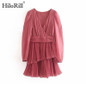 Cascading Ruffle Solid Puff Sleeve V Neck Pleated Wrap Dresses