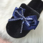 Women's furry home slippers fashion bowknot closed toe winter warm bedroom slippers