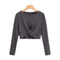 SHEIN Solid Twist Front Rib-knit Crop Top Fitted T Shirt Women Autumn Winter Long Sleeve Round Neck Casual Cute Tshirt Tops