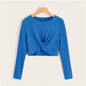 SHEIN Solid Twist Front Rib-knit Crop Top Fitted T Shirt Women Autumn Winter Long Sleeve Round Neck Casual Cute Tshirt Tops
