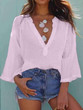 Deep V neck shirt loose casual long sleeve T-shirt