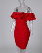 Solid Off Shoulder Ruched Layered Ruffles Bodycon Dress
