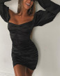Solid Off Shoulder Ruched Long Sleeve Bodycon Dress
