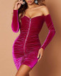 Solid Off Shoulder Long Sleeve Zipper Ruched Bodycon Dress