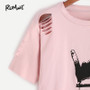 ROMWE Pink Gesture Print Ripped Crop T-shirt 2018 Spring Round Neck Short Sleeve Rock Tee Women Cut Out Casual Top