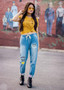 ROMWE Blue Letter Print Drawstring Waist Cuffed Jeans 2018 New Straight Leg Cropped Casual Women Pants Mid Waist Ripped Jeans