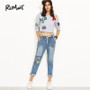 ROMWE Blue Letter Print Drawstring Waist Cuffed Jeans 2018 New Straight Leg Cropped Casual Women Pants Mid Waist Ripped Jeans