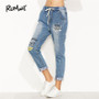 ROMWE Blue Letter Print Drawstring Waist Cuffed Jeans 2018 New Straight Leg Cropped Casual Women Pants Mid Waist Ripped Jeans