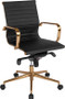 Commercial Grade Mid-Back Black Ribbed Bonded Leather Executive Swivel Office Chair with Gold Frame, Knee-Tilt Control and Arms