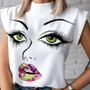 Lip Print Casual Summer Top Women Mock Neck Sleeveless T Shirts