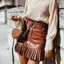 High Waist Leather Pleated Ruffles Solid Mini Skirt