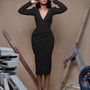 Women's  V Neck Ruched Long Sleeve Midi Dress