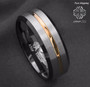 8mm Men's wedding band(Silver brushed Black edge Tungsten ring - Gold inlay)