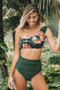 DARK GREEN FLORAL ONE SHOULDER RUFFLED HIGH WAISTED BIKINI