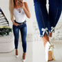 Sale Jeans Woman Fashion Ladies Pearl Lace Stitching Skinny Pencil Pants High Waist Jeans Women Slim Female Denim Trousers D25