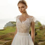 Beach Boho A Line Wedding Dress with Bow V Neck Lace Long Chiffon Bridal Gown