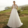 Beach Boho A Line Wedding Dress with Bow V Neck Lace Long Chiffon Bridal Gown