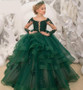 Luxury Green Lace Flower Girl Tiered Ball Gown Pageant Dress