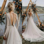 Boho Long Sleeve Wedding Dress Lace V Neck Beach Sexy Backless Tulle Elegant Wedding Gowns